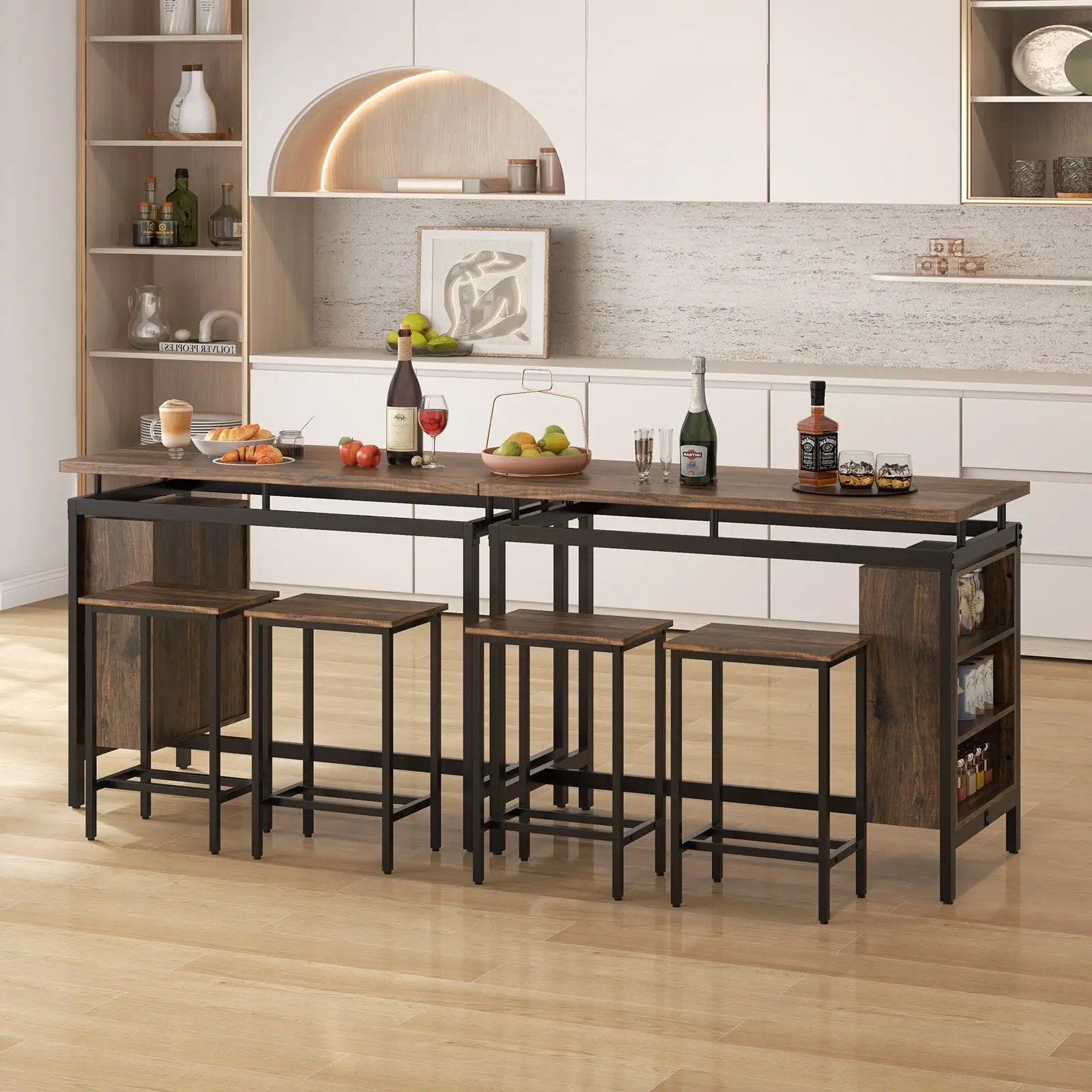 3 Pieces Dining Table Set with 3-Tier Storage Shelf and Metal Frame-Brown by DirectDeals