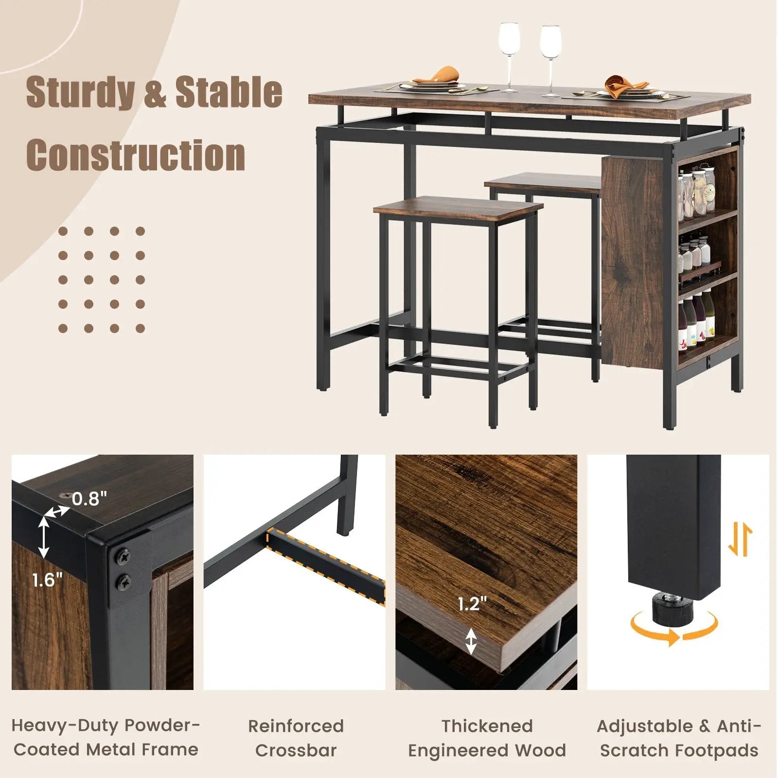 3 Pieces Dining Table Set with 3-Tier Storage Shelf and Metal Frame-Brown by DirectDeals