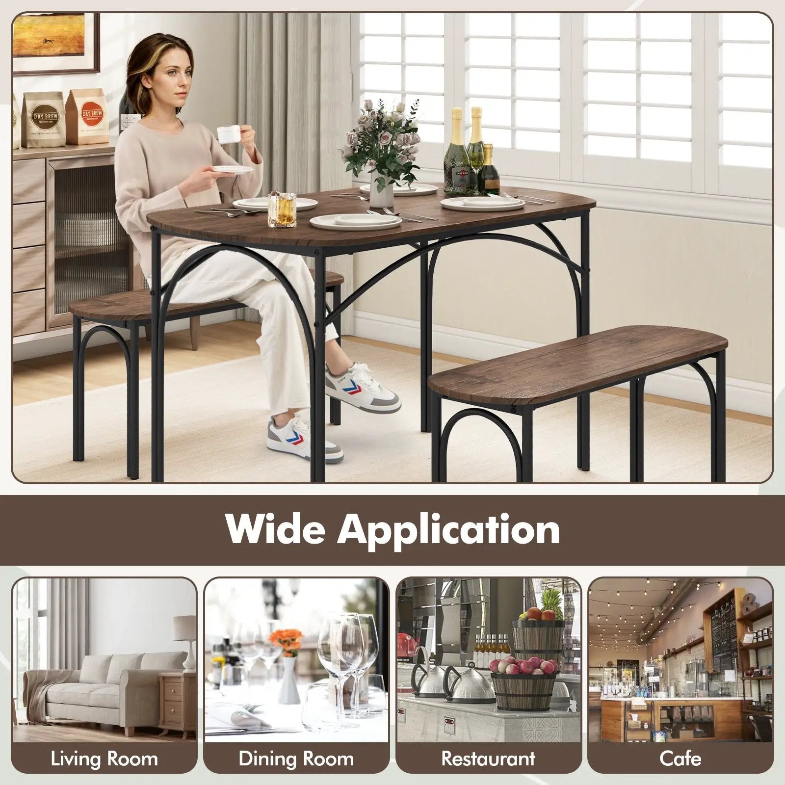 3-Piece Dining Table Set for 4 with Metal Frame-Brown by DirectDeals