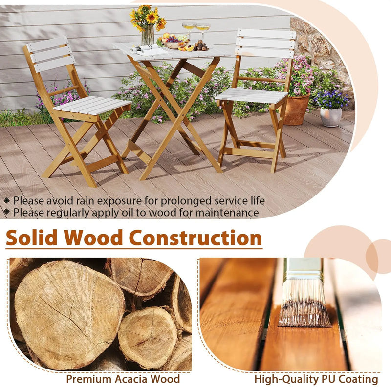 3 Piece Folding Patio Bistro Set with Foldable Design Acacia Wood Porch Chairs and Square Table by DirectDeals