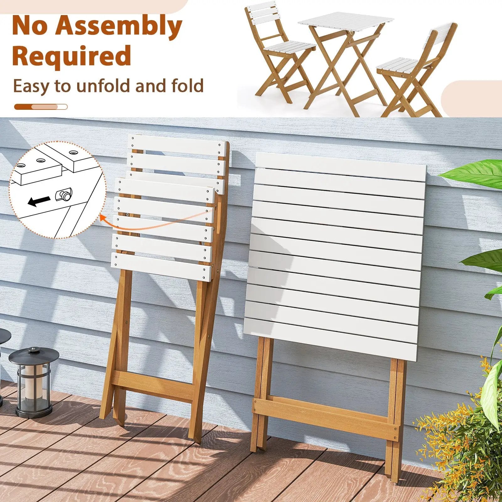 3 Piece Folding Patio Bistro Set with Foldable Design Acacia Wood Porch Chairs and Square Table by DirectDeals