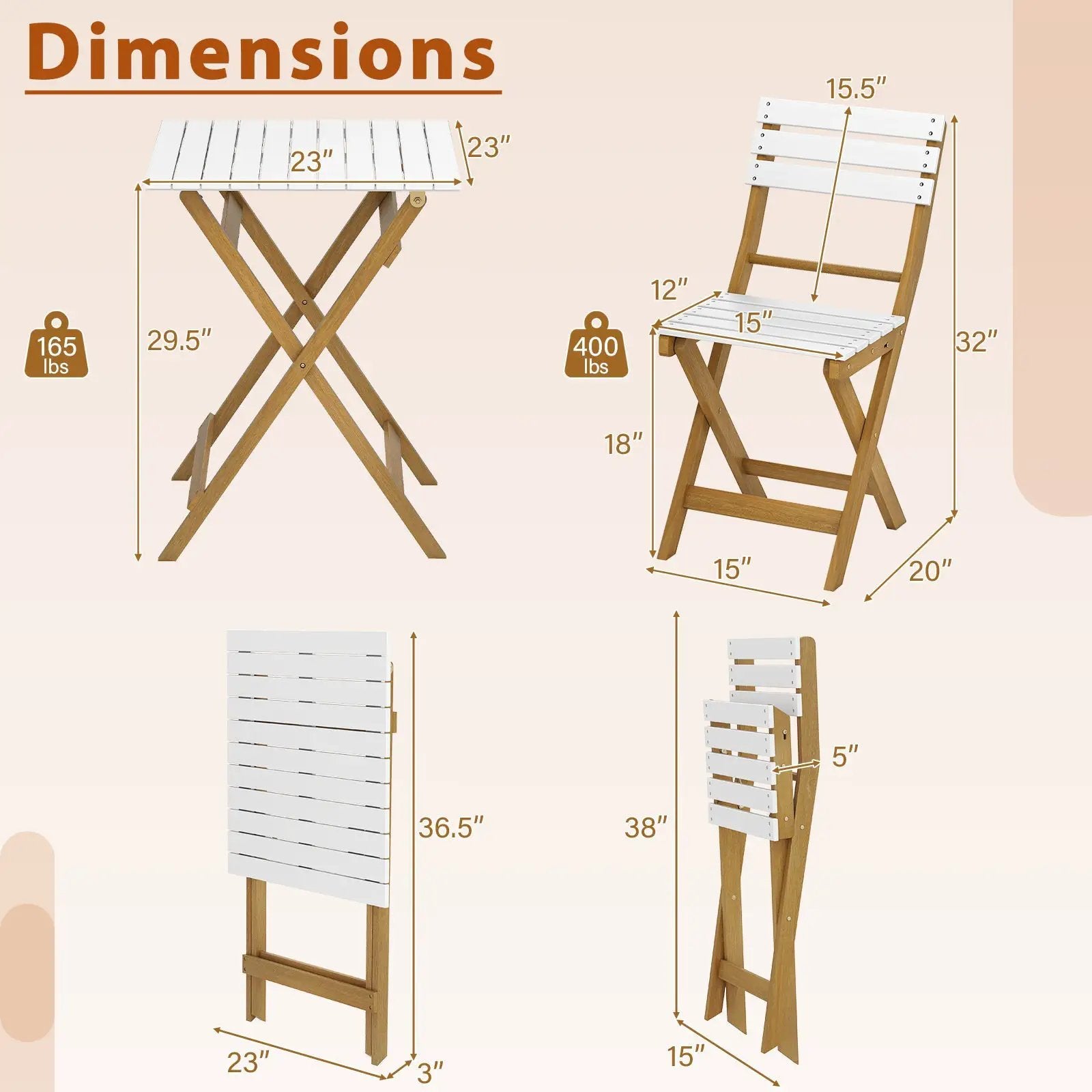 3 Piece Folding Patio Bistro Set with Foldable Design Acacia Wood Porch Chairs and Square Table by DirectDeals