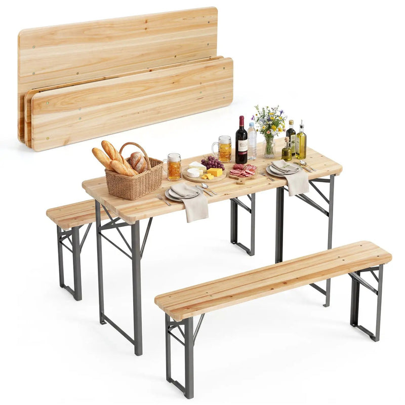 3-Piece Folding Picnic Table with Benches Fir Wood Portable Bear Camping SET by DirectDeals