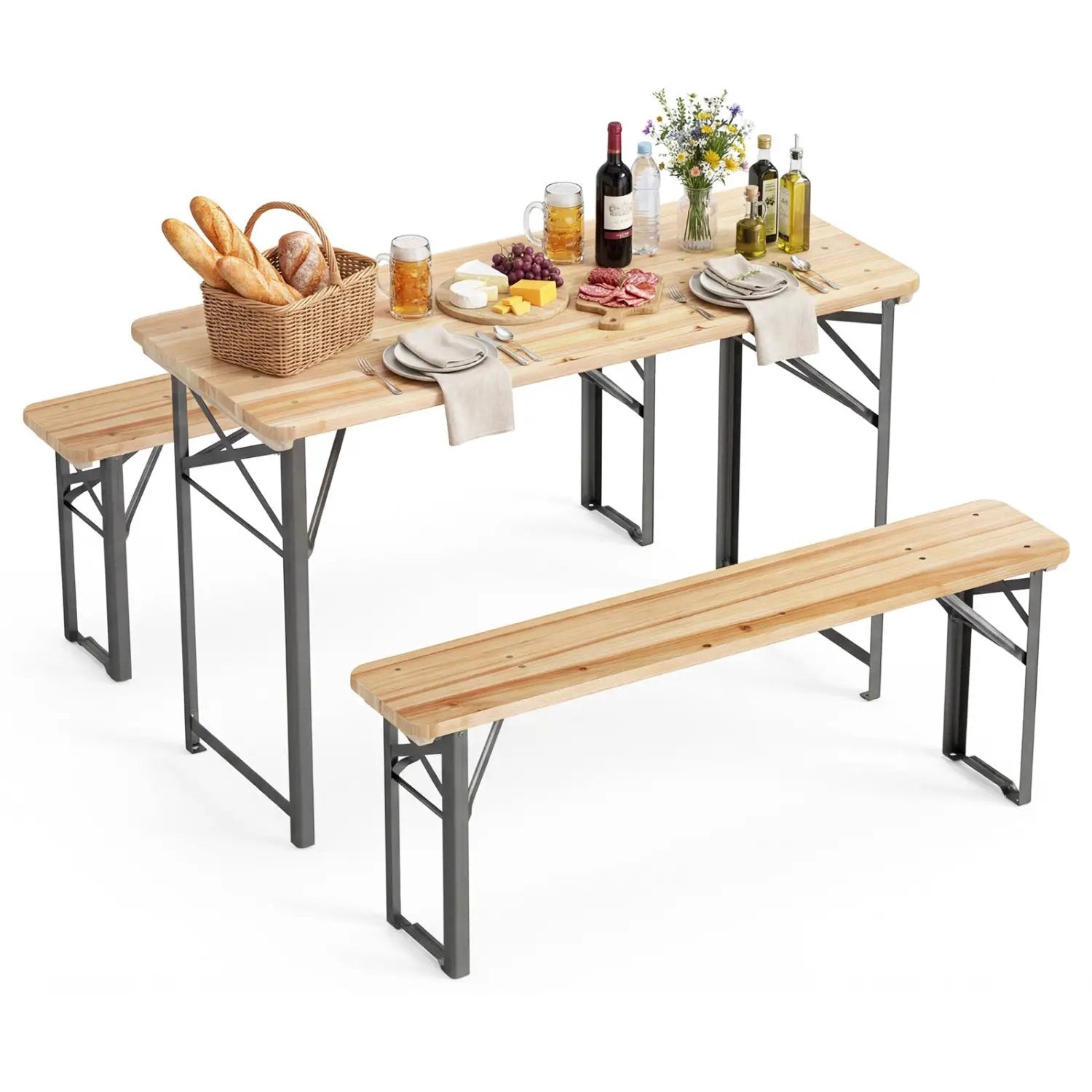 3-Piece Folding Picnic Table with Benches Fir Wood Portable Bear Camping SET by DirectDeals