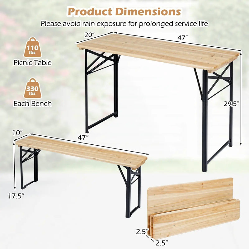 3-Piece Folding Picnic Table with Benches Fir Wood Portable Bear Camping SET by DirectDeals