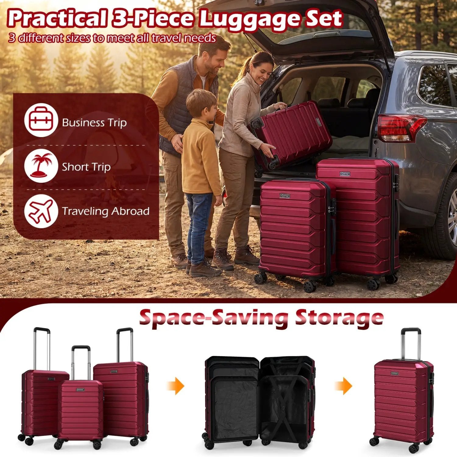 3-Piece Hardside Luggage Set Lightweight Hardside Suitcases with 8-Spinner Wheels by DirectDeals