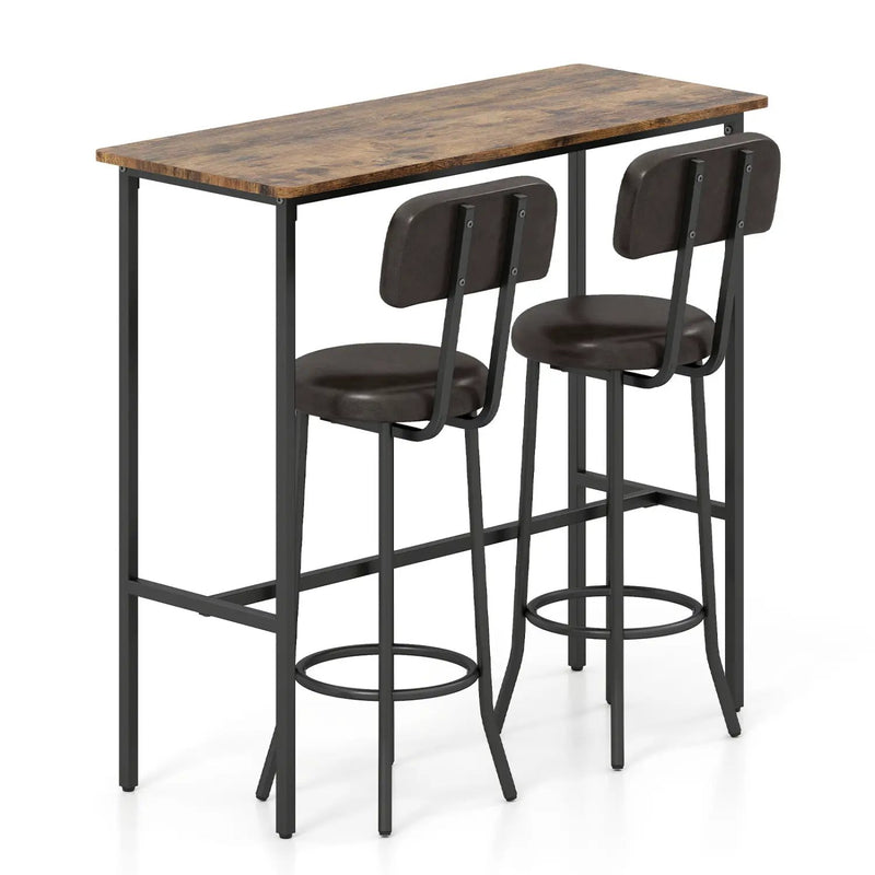 3-Piece Industrial Bar Table Set with 2 Upholstered Stools and Footrests for Dining Room by DirectDeals