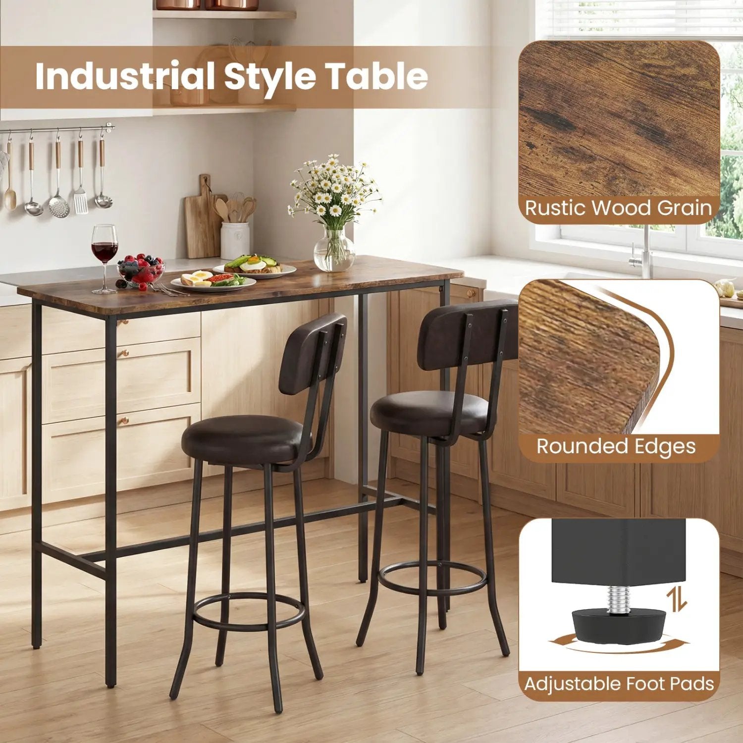 3-Piece Industrial Bar Table Set with 2 Upholstered Stools and Footrests for Dining Room by DirectDeals