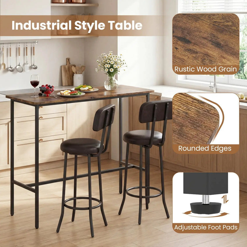 3-Piece Industrial Bar Table Set with 2 Upholstered Stools and Footrests for Dining Room by DirectDeals