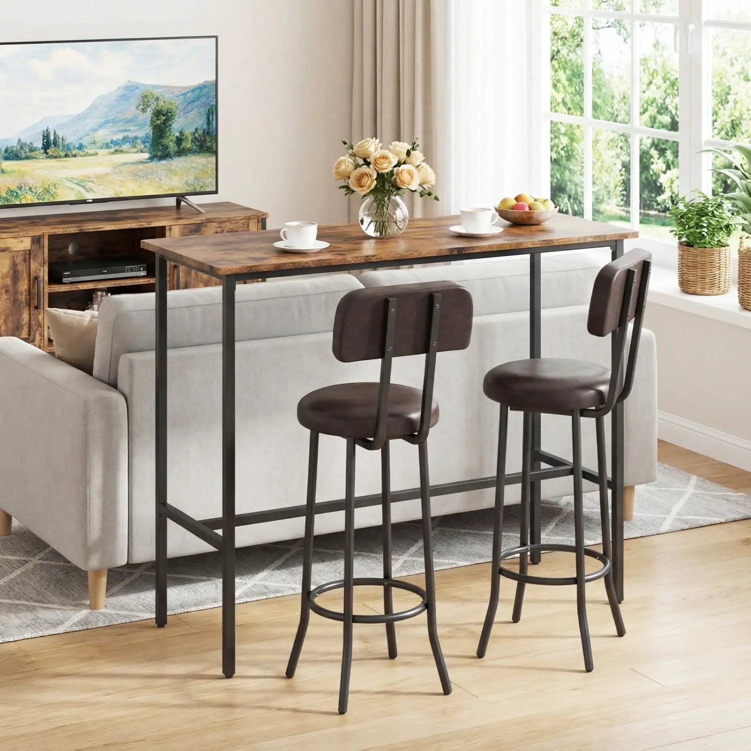 3-Piece Industrial Bar Table Set with 2 Upholstered Stools and Footrests for Dining Room by DirectDeals