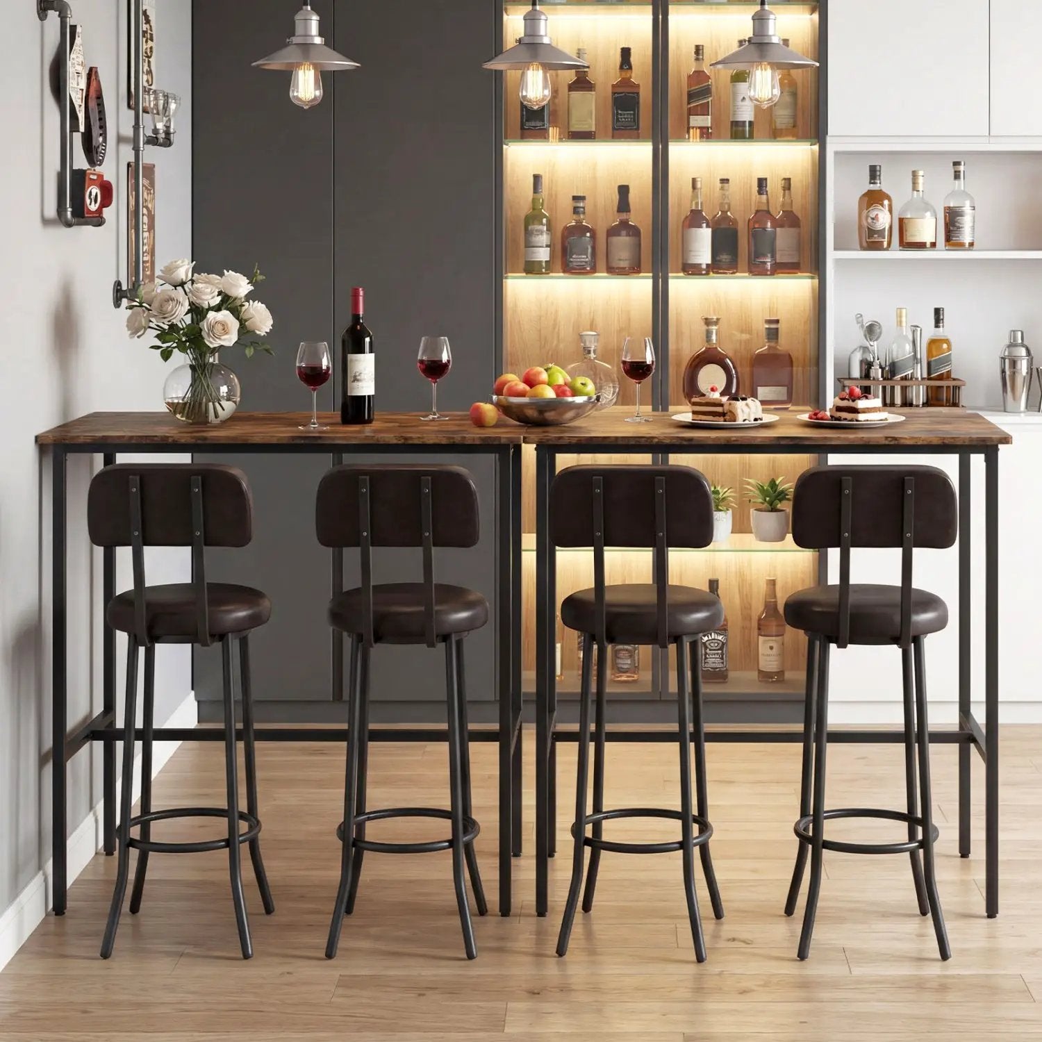3-Piece Industrial Bar Table Set with 2 Upholstered Stools and Footrests for Dining Room by DirectDeals