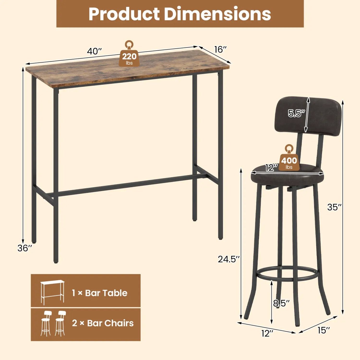 3-Piece Industrial Bar Table Set with 2 Upholstered Stools and Footrests for Dining Room by DirectDeals