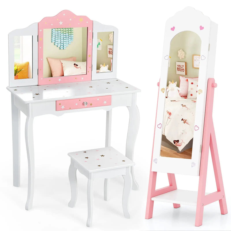 2 Pieces Kids Vanity Set and Jewelry Armoire Cabinet with Full-length Mirror by DirectDeals