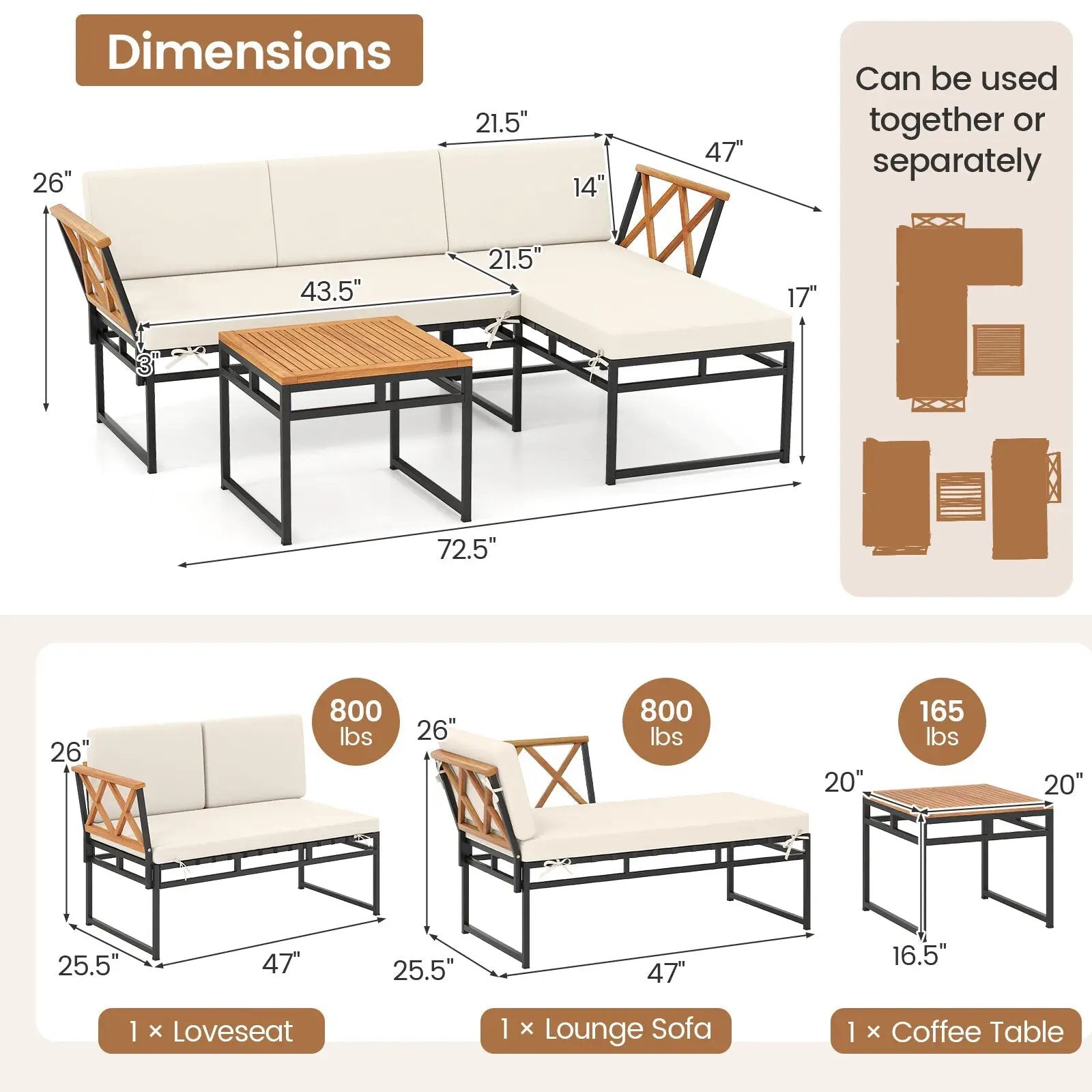 3-Piece L-Shaped Patio Furniture Set for Porch Backyard and Poolside-Beige by DirectDeals
