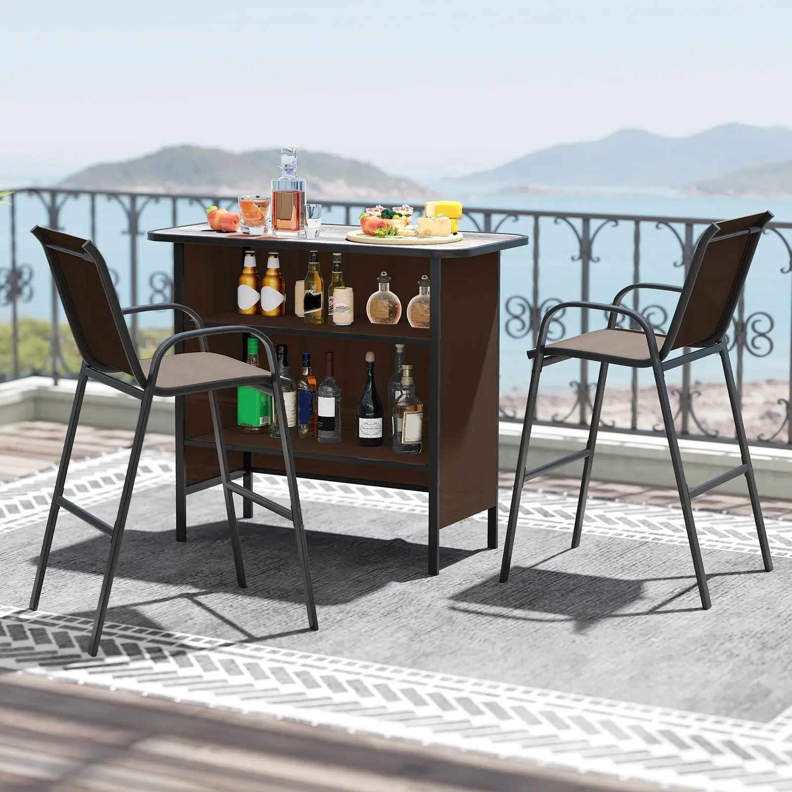 3 Piece Outdoor Bar Set with Footrest and 2-Tier Shelf by DirectDeals