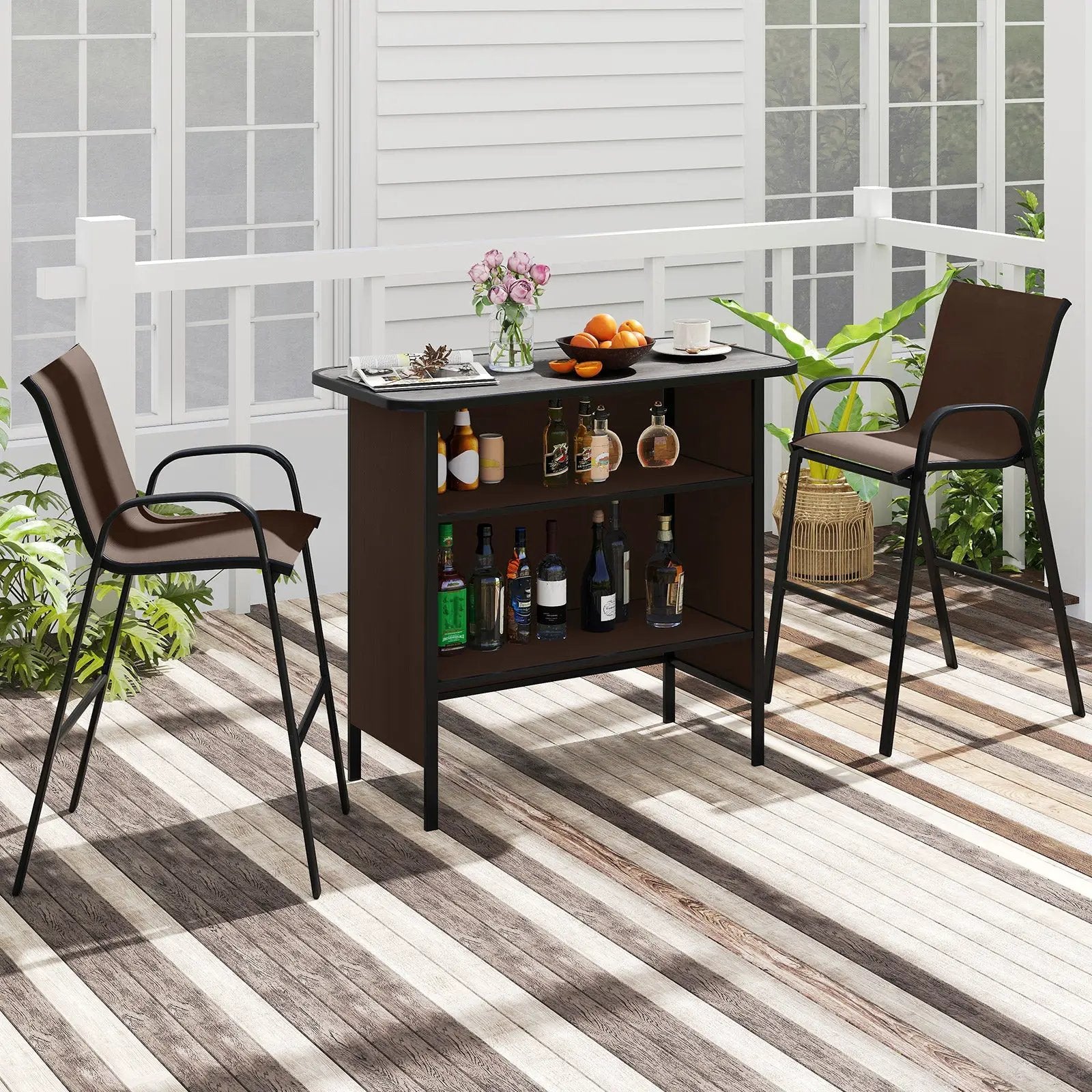 3 Piece Outdoor Bar Set with Footrest and 2-Tier Shelf by DirectDeals