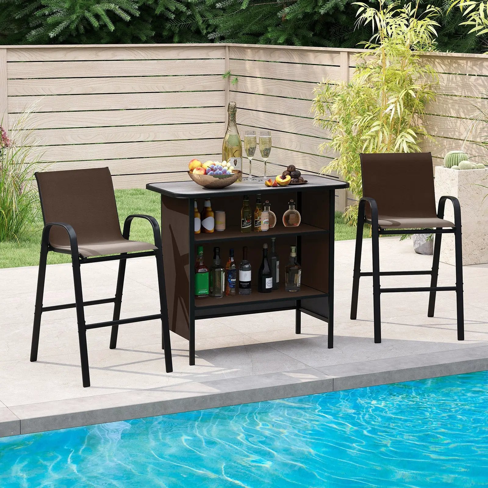 3 Piece Outdoor Bar Set with Footrest and 2-Tier Shelf by DirectDeals