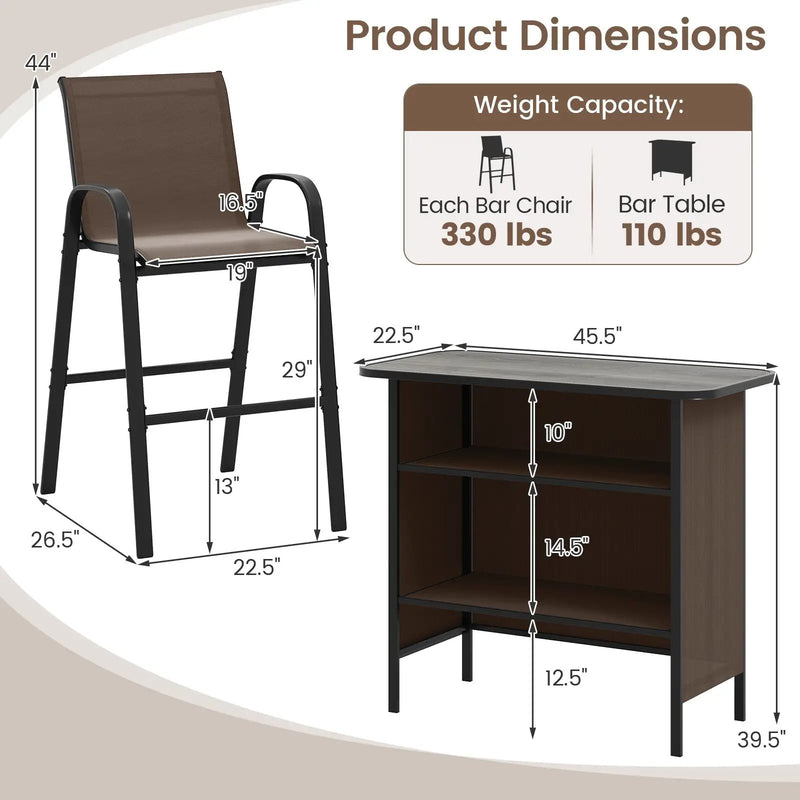 3 Piece Outdoor Bar Set with Footrest and 2-Tier Shelf by DirectDeals