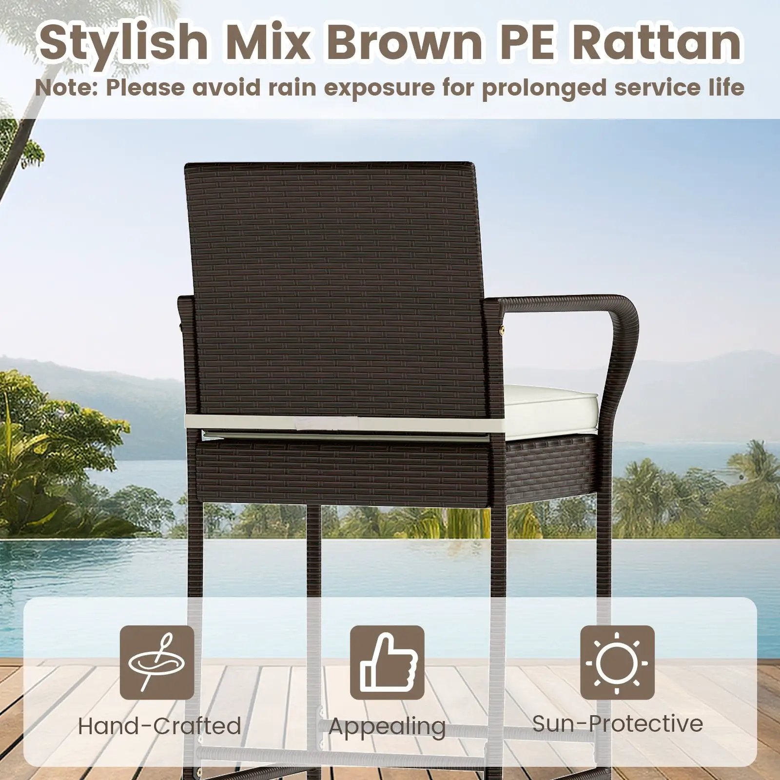 3 Piece Outdoor Bar Set with 2 Seat Cushions for Porch Yard-White by DirectDeals