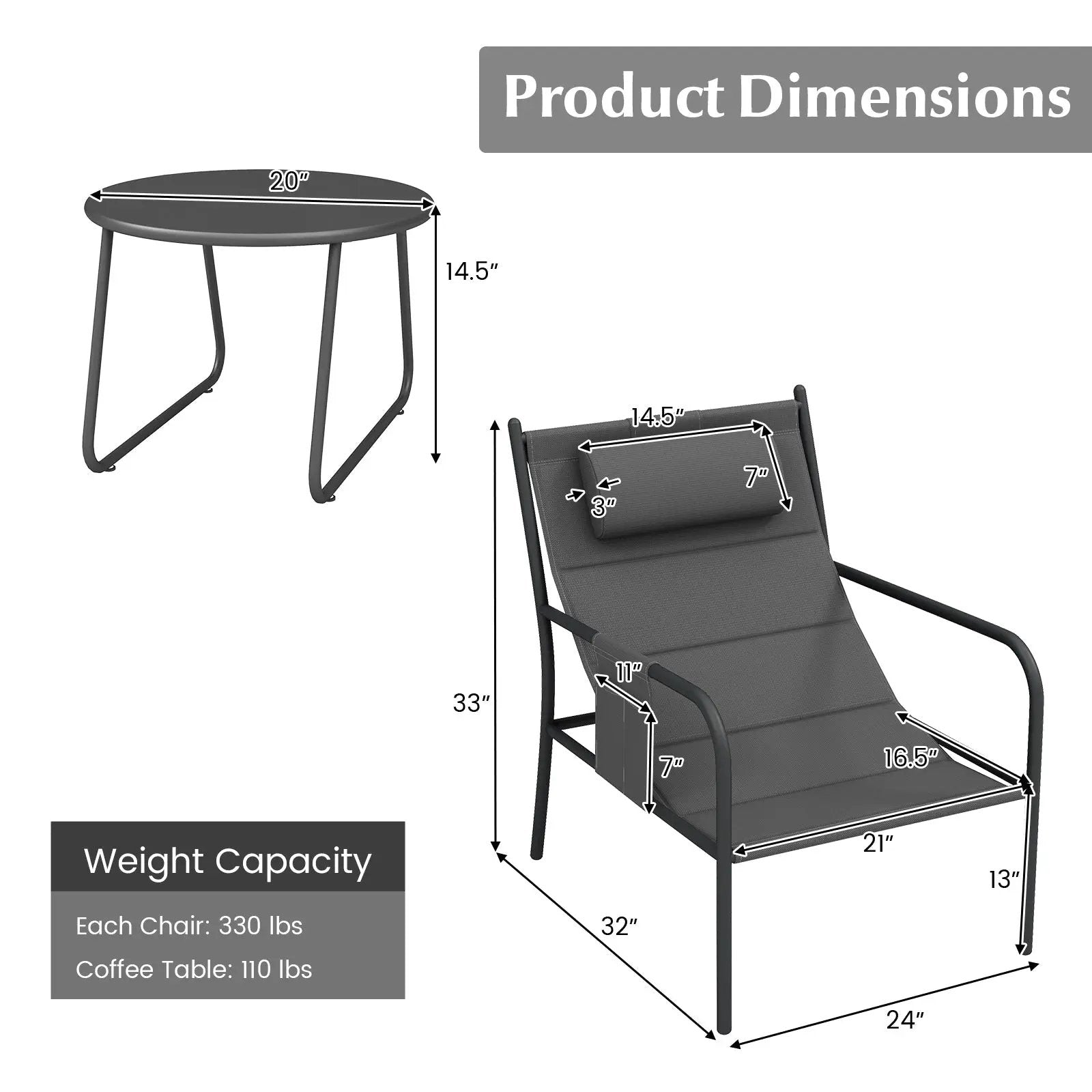 3 Piece Outdoor Bistro Set Patio Metal Chair and Coffee Table Set-Gray by DirectDeals