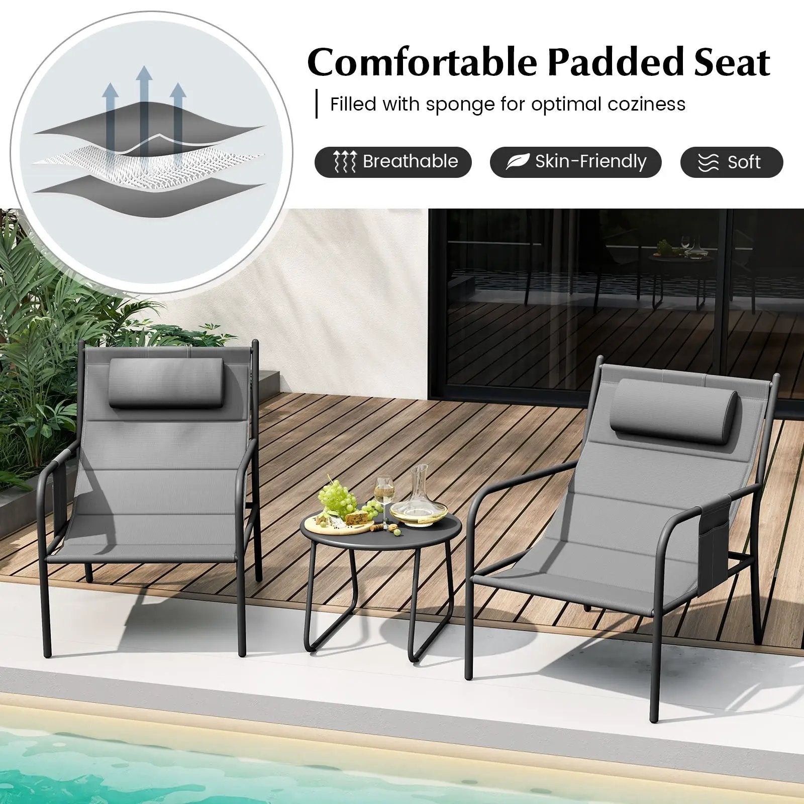 3 Piece Outdoor Bistro Set Patio Metal Chair and Coffee Table Set-Gray by DirectDeals