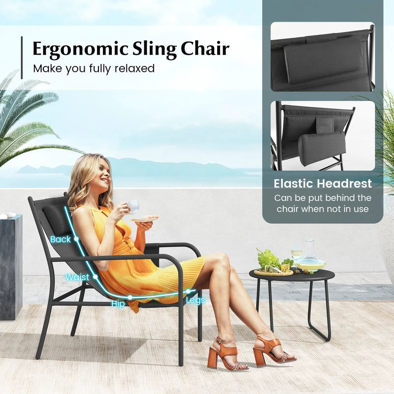 3 Piece Outdoor Bistro Set Patio Metal Chair and Coffee Table Set-Gray by DirectDeals
