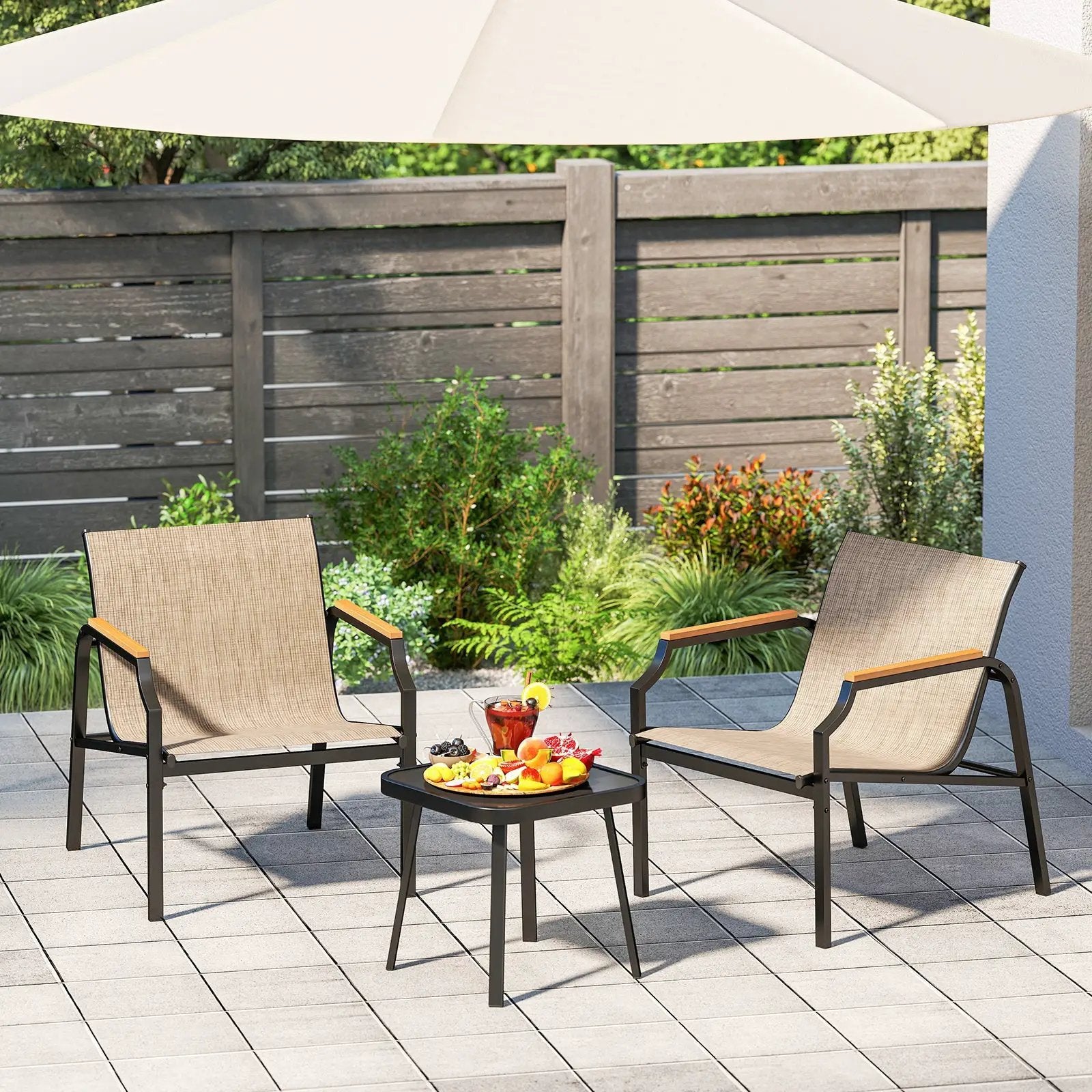 3 Piece Outdoor Chair Set with Breathable Fabric Seat and Armrests-Brown by DirectDeals