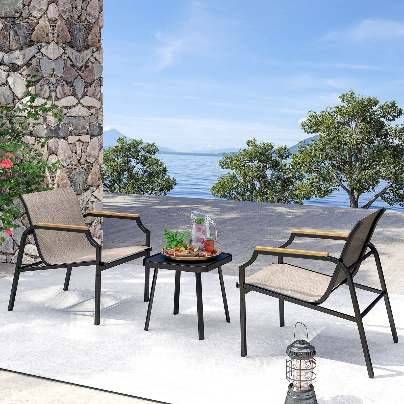 3 Piece Outdoor Chair Set with Breathable Fabric Seat and Armrests-Brown by DirectDeals