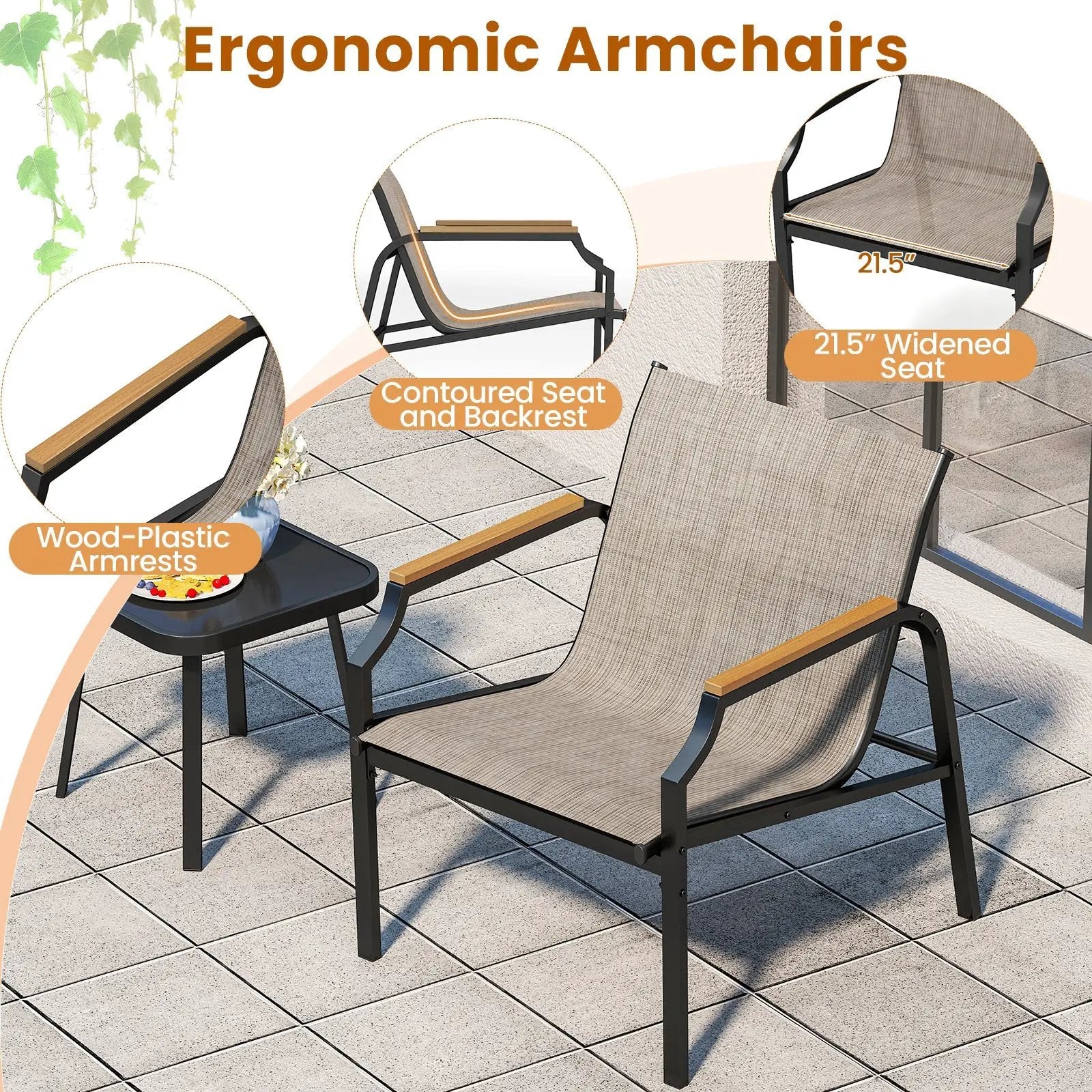 3 Piece Outdoor Chair Set with Breathable Fabric Seat and Armrests-Brown by DirectDeals