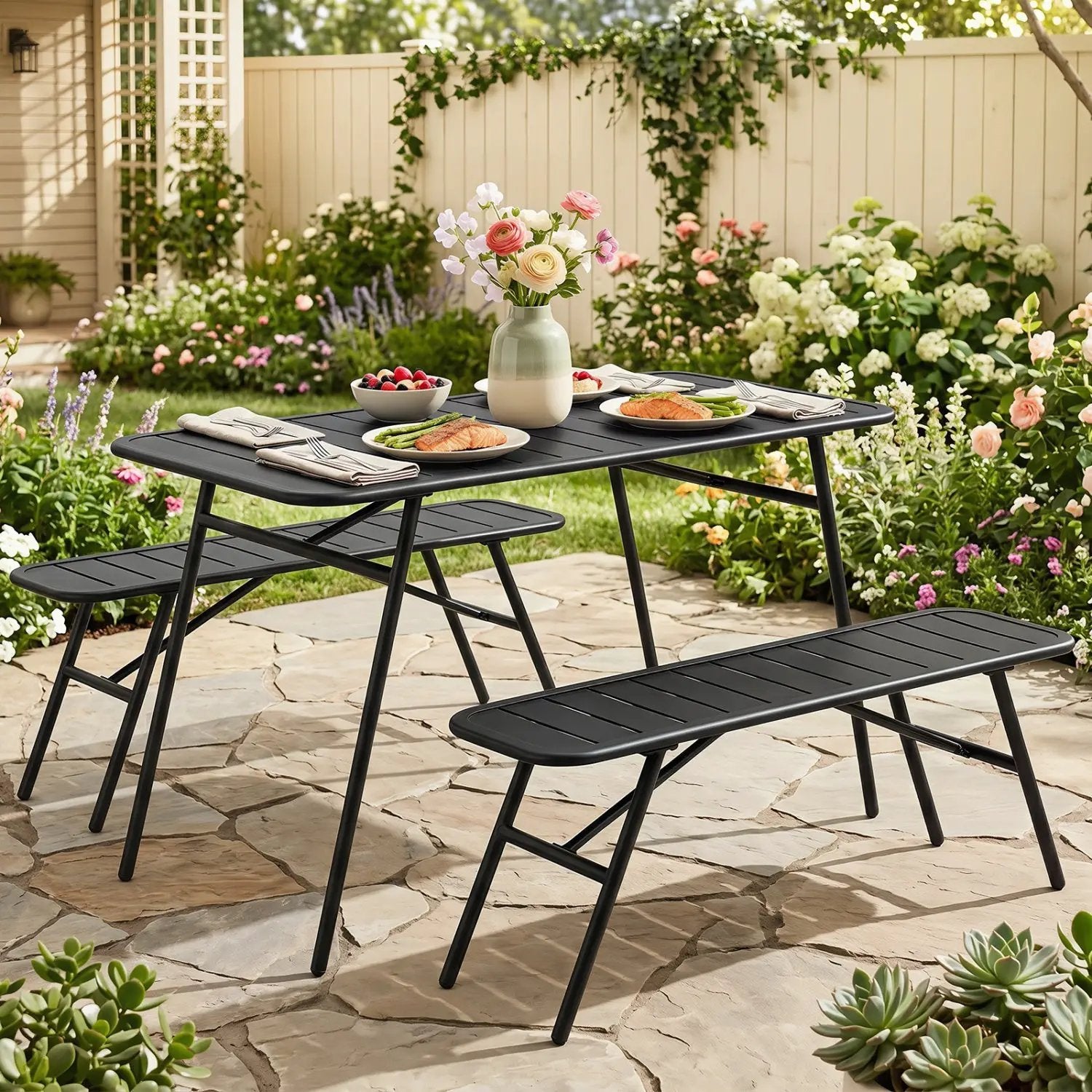 3-Piece Metal Patio Dining Set with Table and 2 Benches by DirectDeals