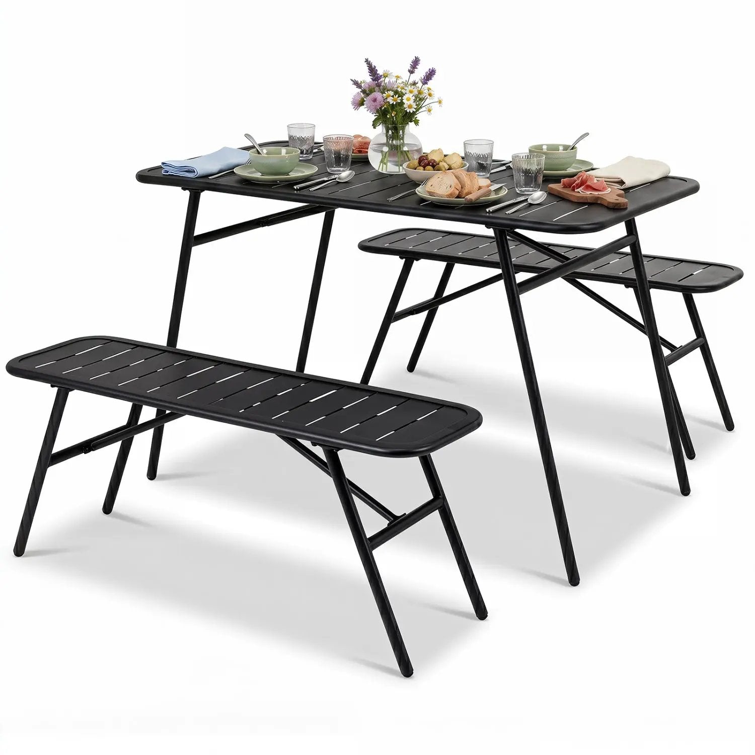 3-Piece Metal Patio Dining Set with Table and 2 Benches by DirectDeals