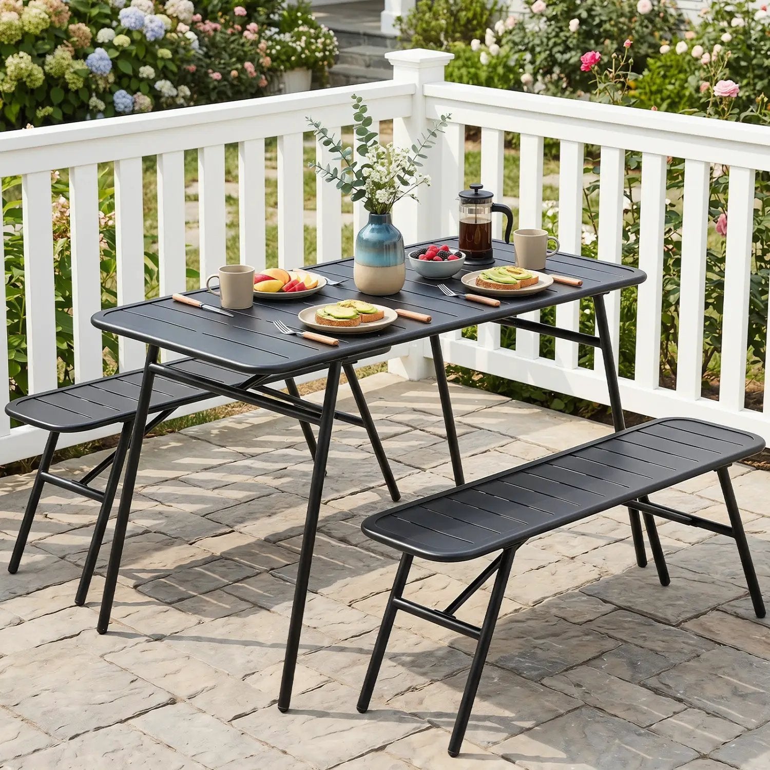 3-Piece Metal Patio Dining Set with Table and 2 Benches by DirectDeals