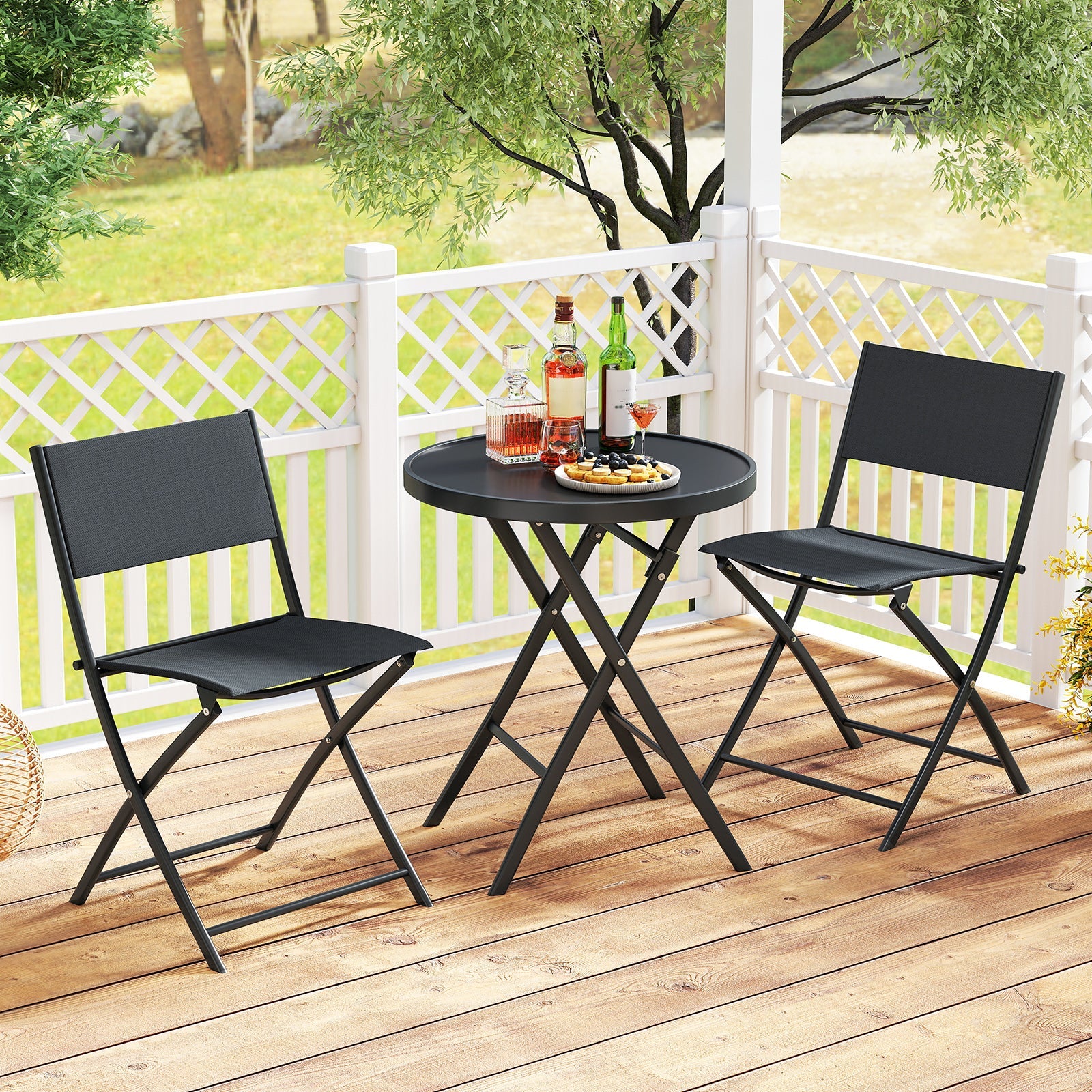 3 Piece Outdoor Folding Patio Bistro Set with Tempered Glass Coffee Table and 2 Patio Chairs by DirectDeals