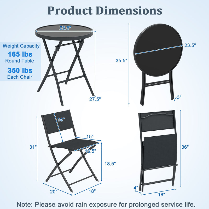 3 Piece Outdoor Folding Patio Bistro Set with Tempered Glass Coffee Table and 2 Patio Chairs by DirectDeals