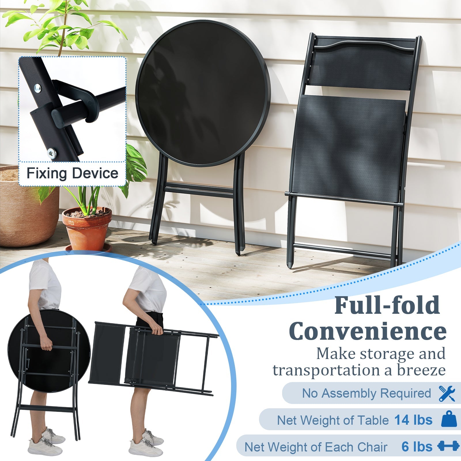 3 Piece Outdoor Folding Patio Bistro Set with Tempered Glass Coffee Table and 2 Patio Chairs by DirectDeals