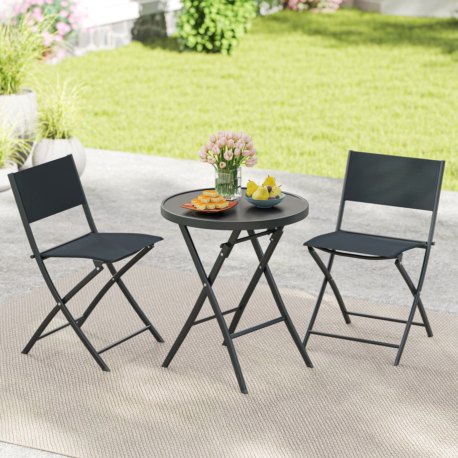 3 Piece Outdoor Folding Patio Bistro Set with Tempered Glass Coffee Table and 2 Patio Chairs by DirectDeals