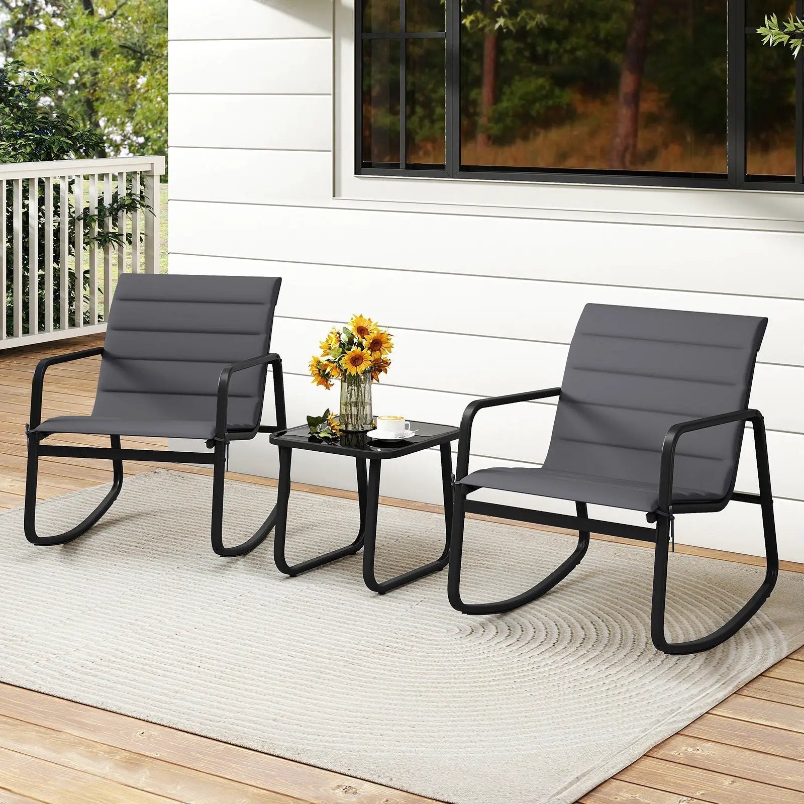3 Piece Outdoor Rocking Bistro Set Porch Rocker Chairs with Tempered Glass Table-Gray by DirectDeals