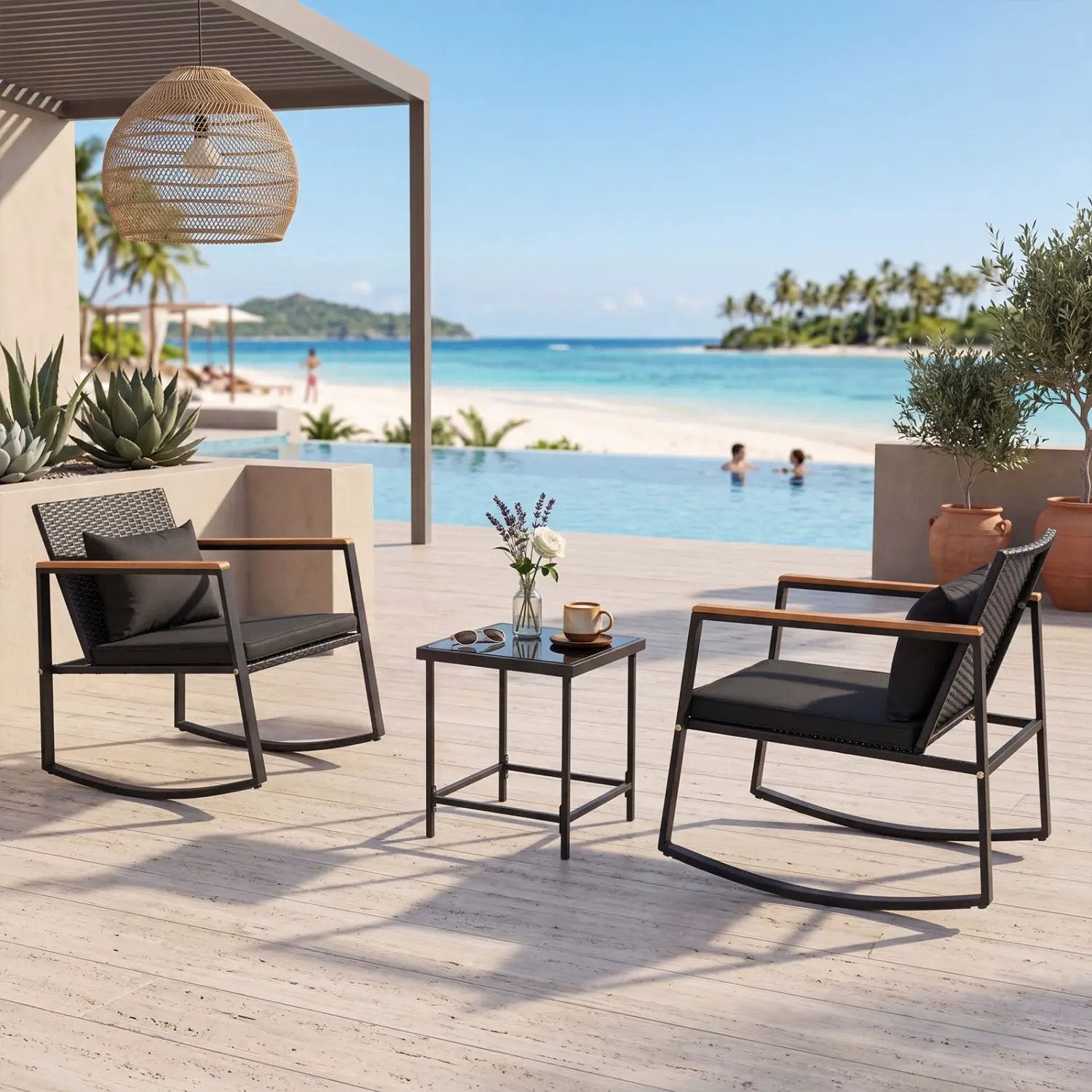 3-Piece Rocking Bistro Set with Cushions & Glass Table by DirectDeals