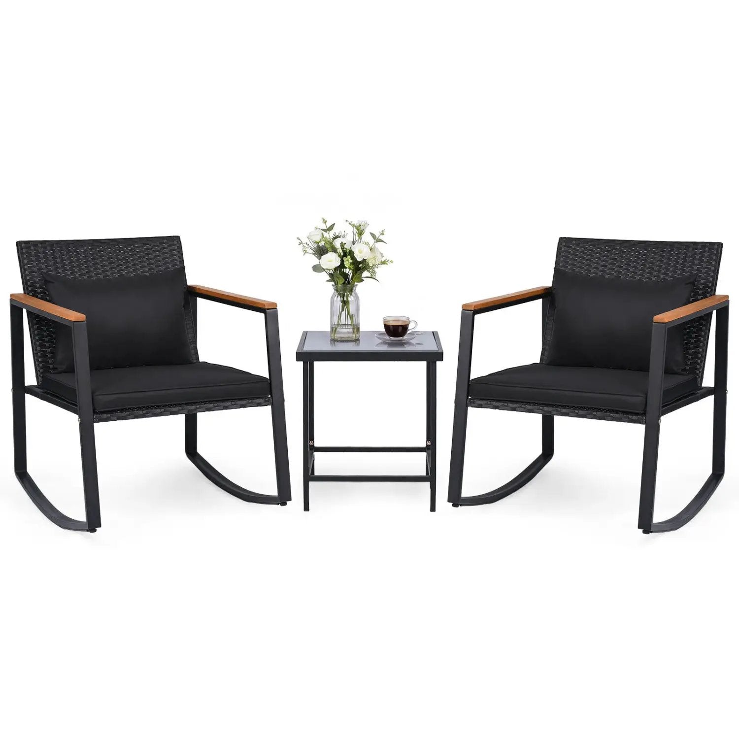 3-Piece Rocking Bistro Set with Cushions & Glass Table by DirectDeals