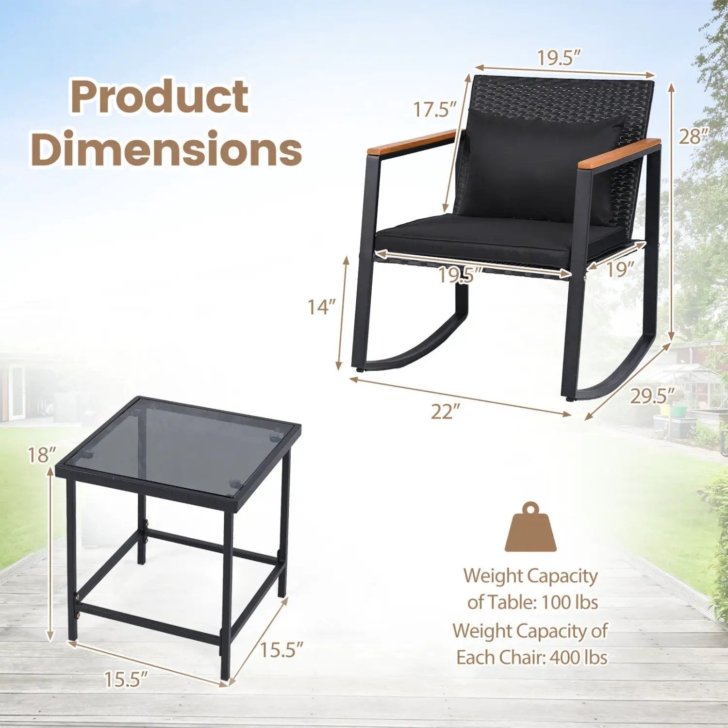 3-Piece Rocking Bistro Set with Cushions & Glass Table by DirectDeals