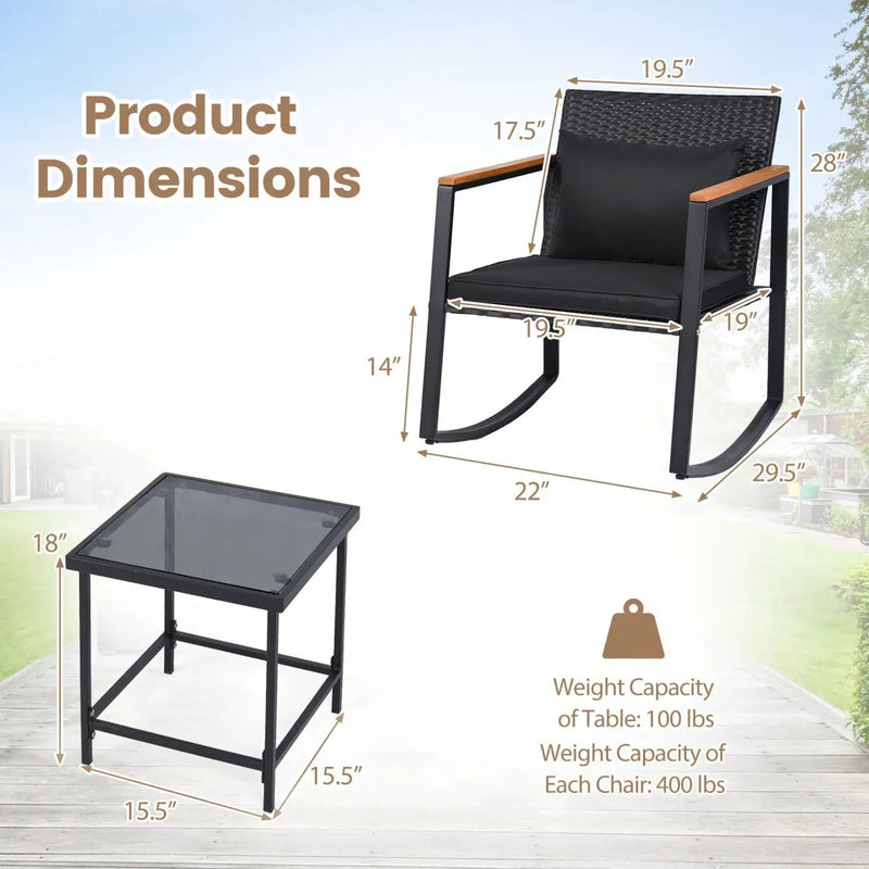 3-Piece Rocking Bistro Set with Cushions & Glass Table by DirectDeals