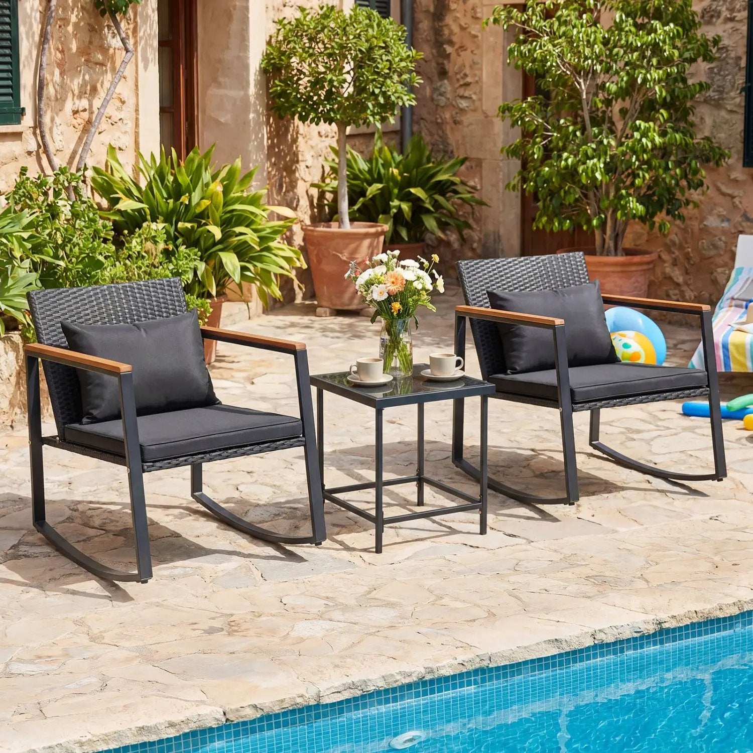 3-Piece Rocking Bistro Set with Cushions & Glass Table by DirectDeals
