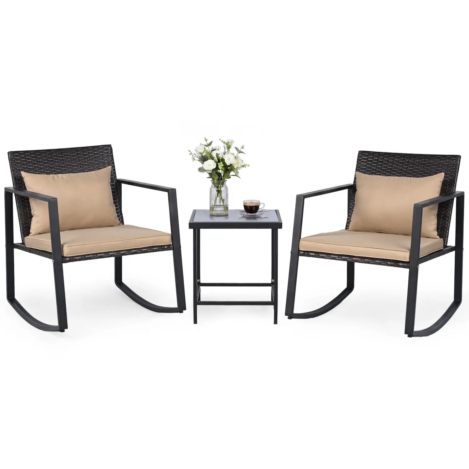 3-Piece Rocking Bistro Set with Cushions & Glass Table by DirectDeals