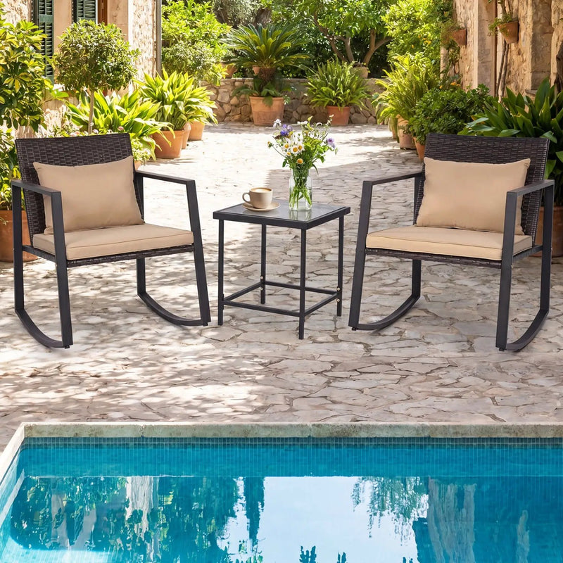 3-Piece Rocking Bistro Set with Cushions & Glass Table by DirectDeals