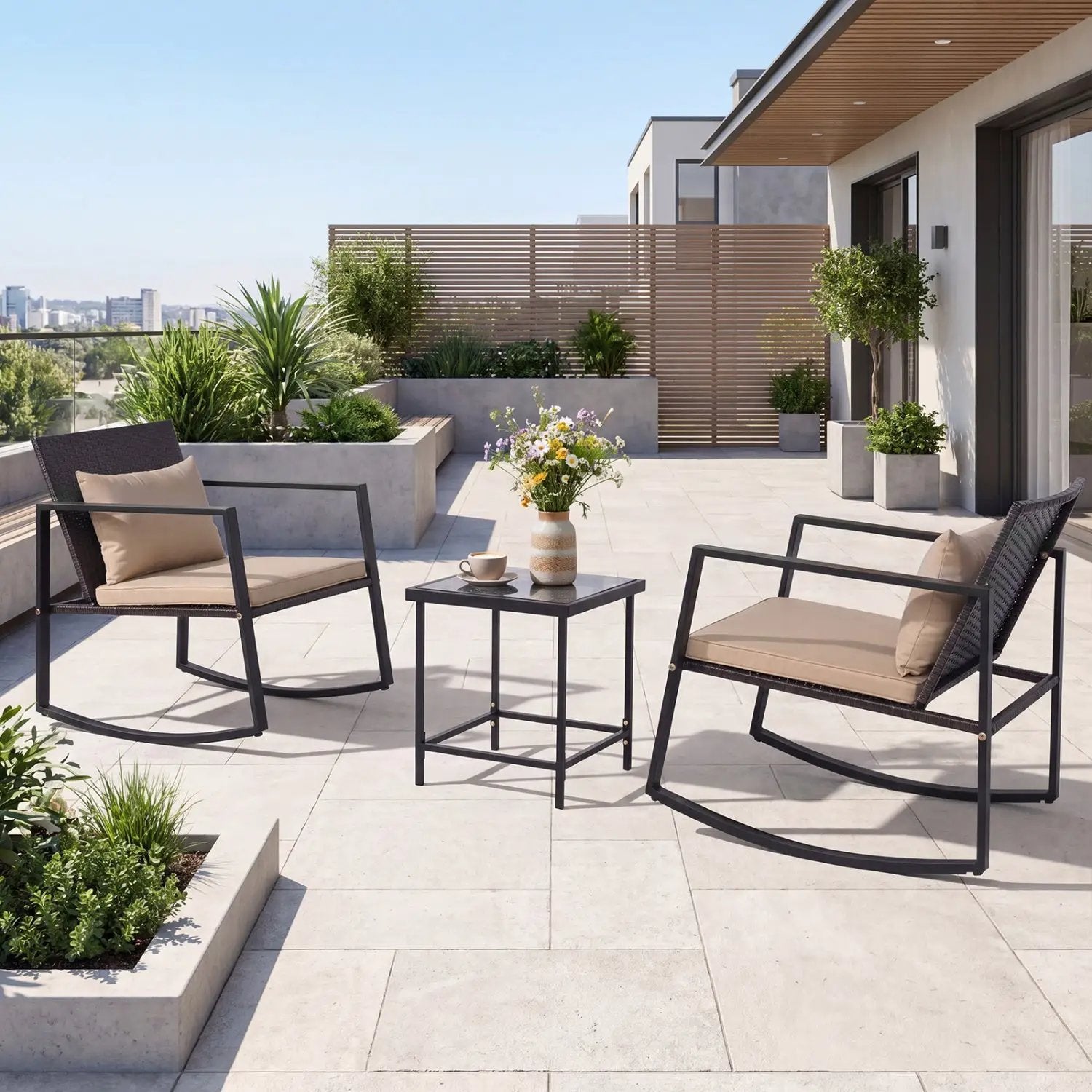 3-Piece Rocking Bistro Set with Cushions & Glass Table by DirectDeals