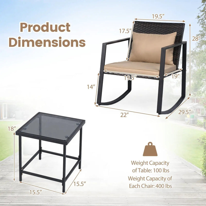3-Piece Rocking Bistro Set with Cushions & Glass Table by DirectDeals