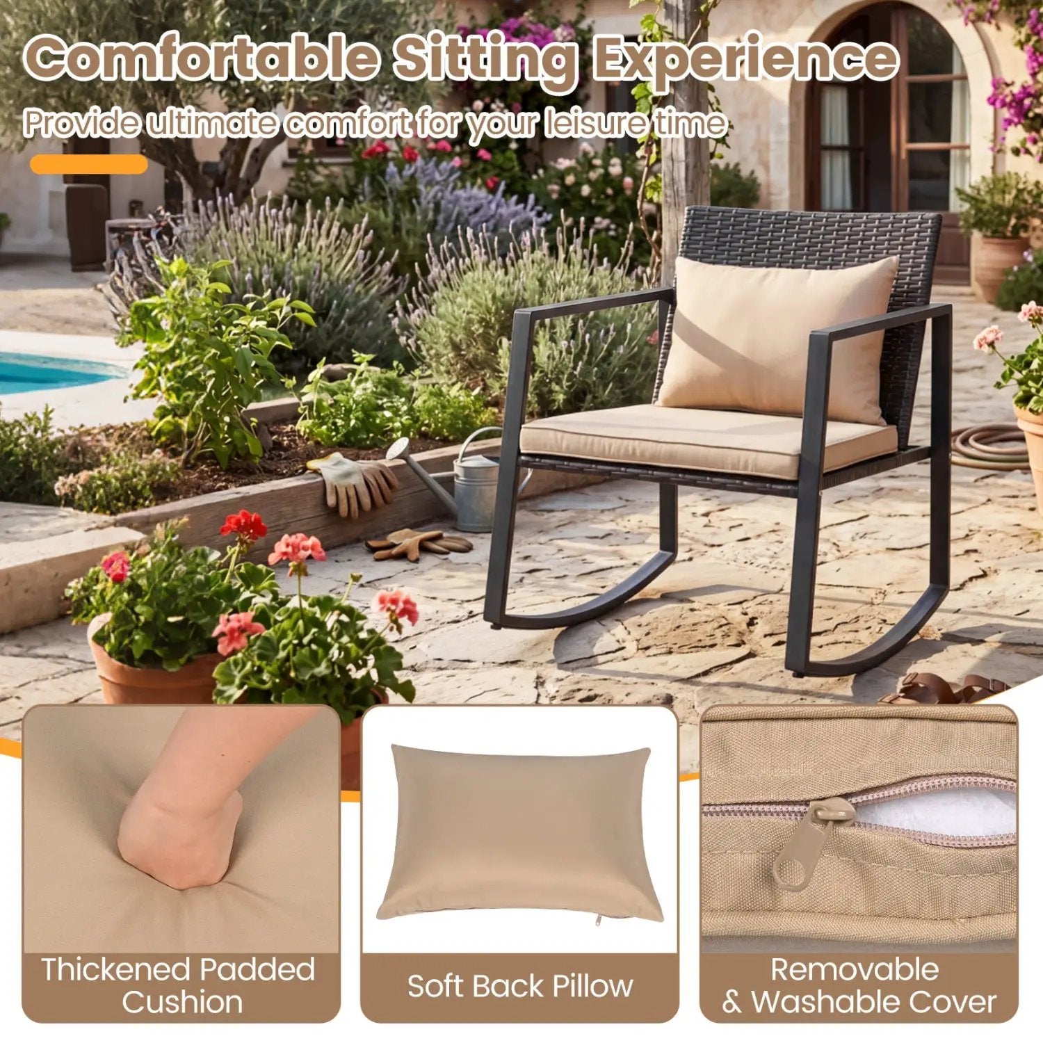 3-Piece Rocking Bistro Set with Cushions & Glass Table by DirectDeals