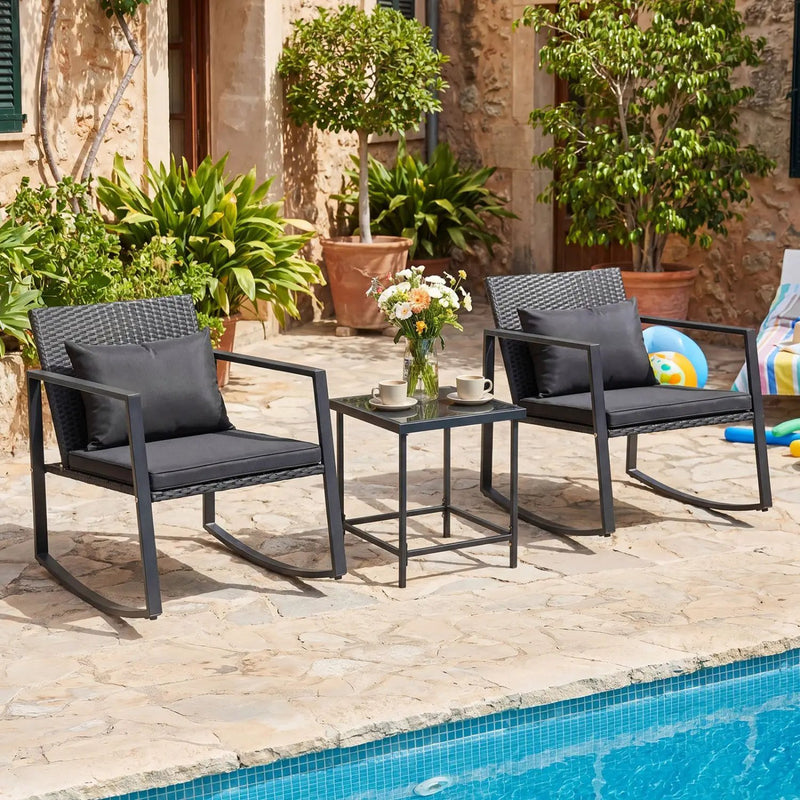 3-Piece Rocking Bistro Set with Cushions & Glass Table by DirectDeals