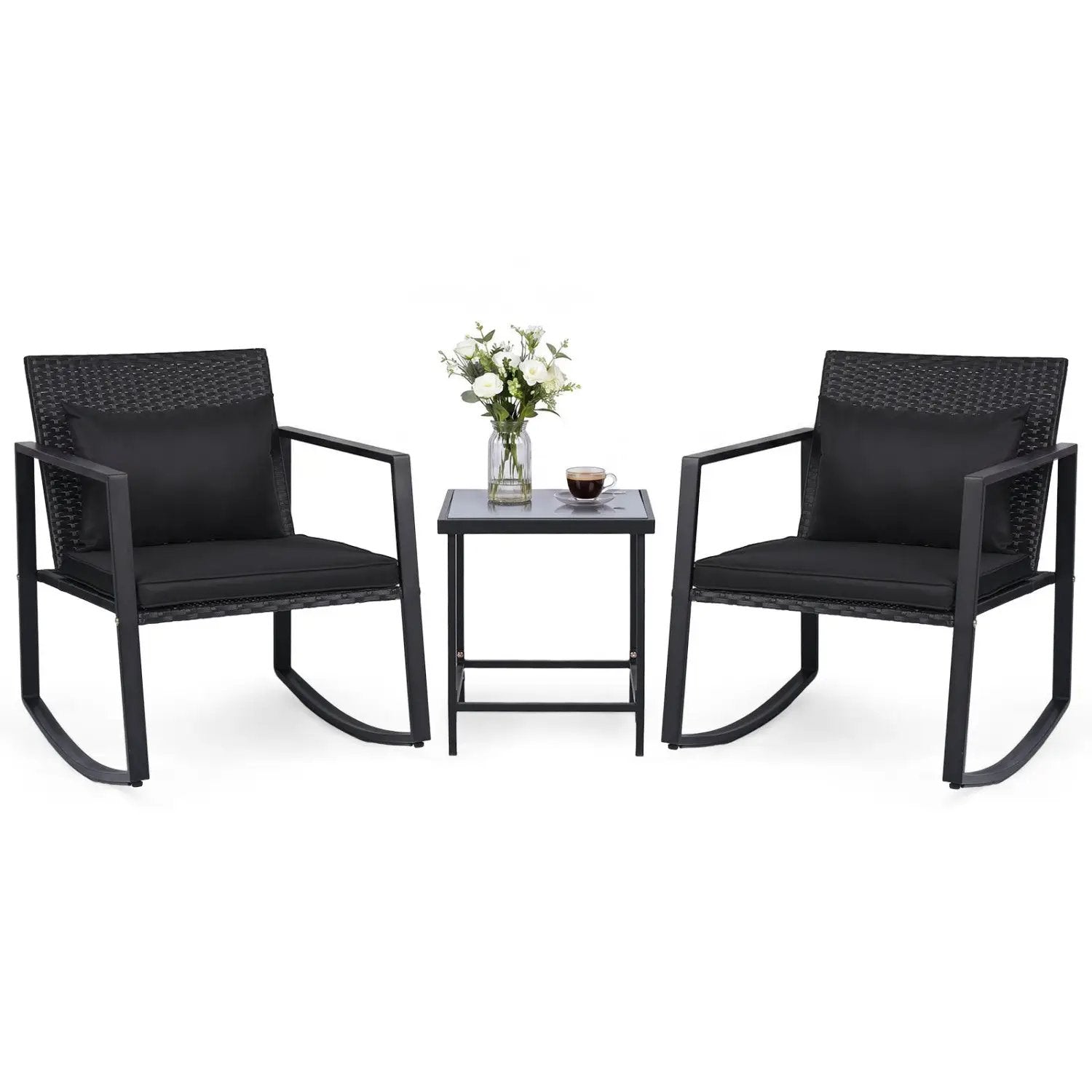 3-Piece Rocking Bistro Set with Cushions & Glass Table by DirectDeals