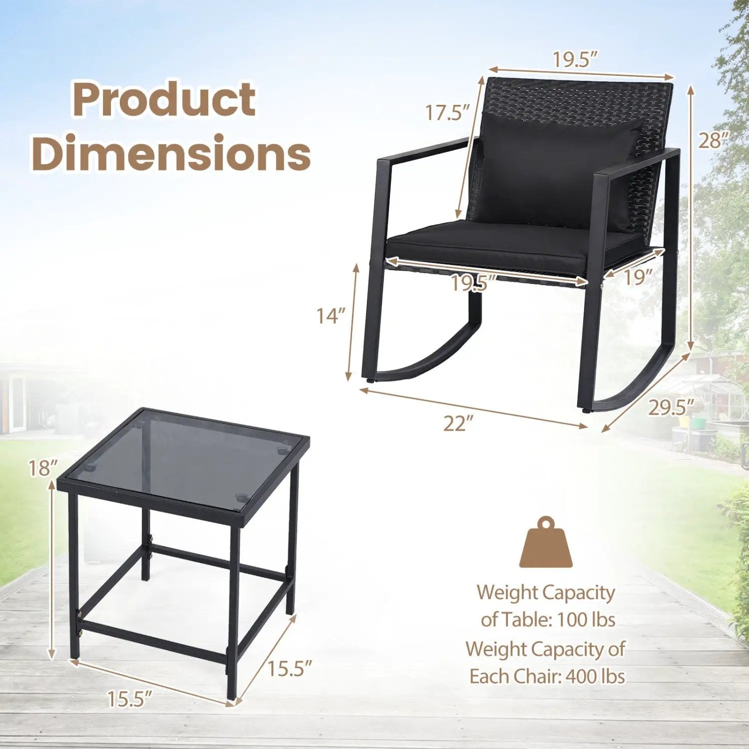 3-Piece Rocking Bistro Set with Cushions & Glass Table by DirectDeals